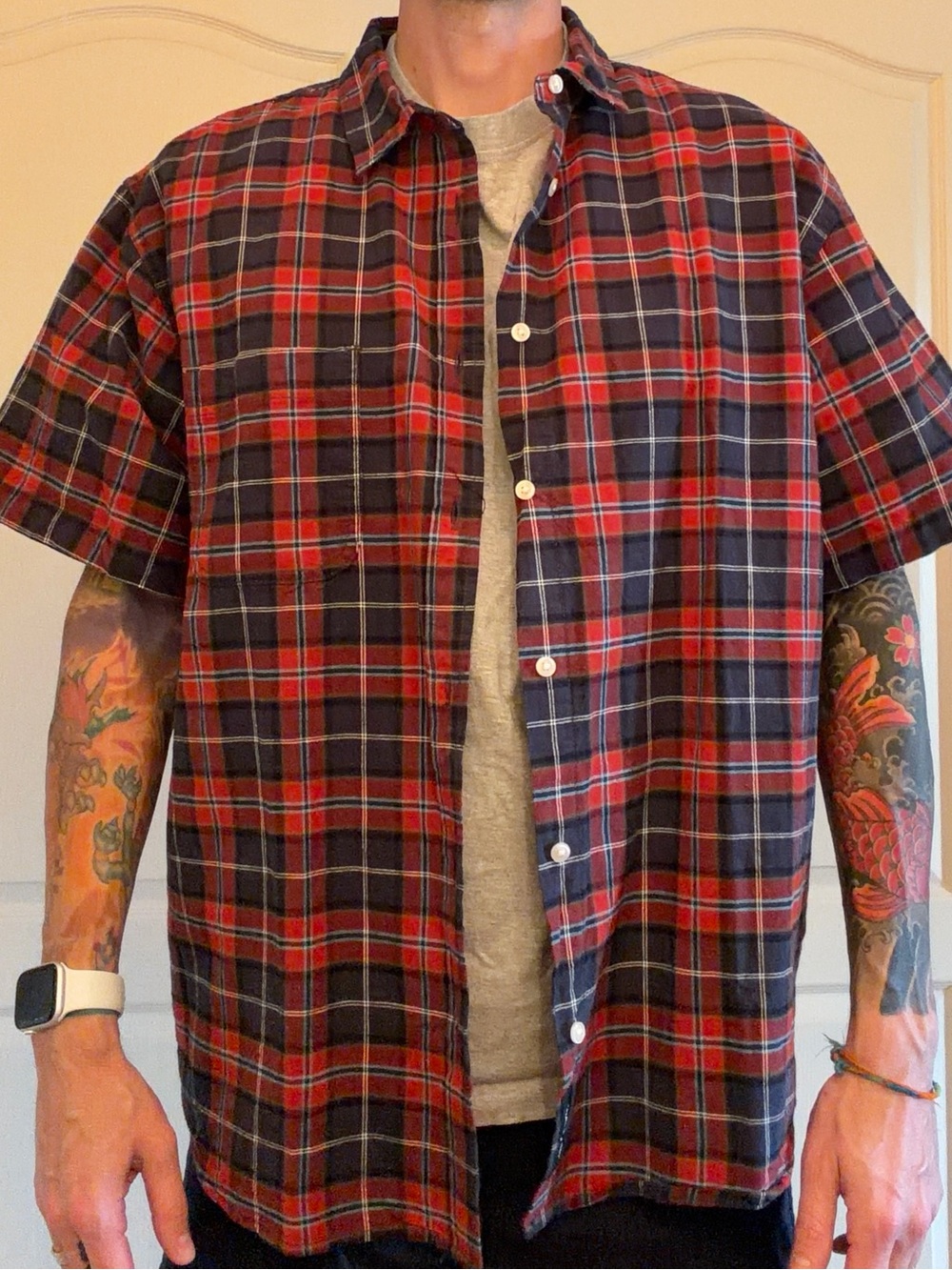 Vans Red and Navy Plaid Short-Sleeve Loose Fit Shirt